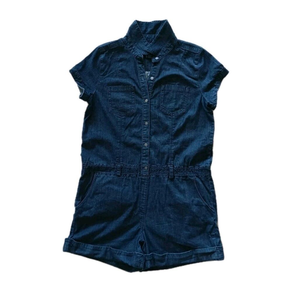 Calvin Klein Blue Denim Romper Shorts Women Large Button Front Beachy Y2k Indie